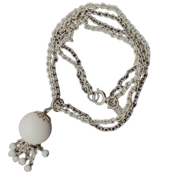 Emmons White & Silver Tasseled Sno-Ball Choker Necklace - Picture 8 of 14